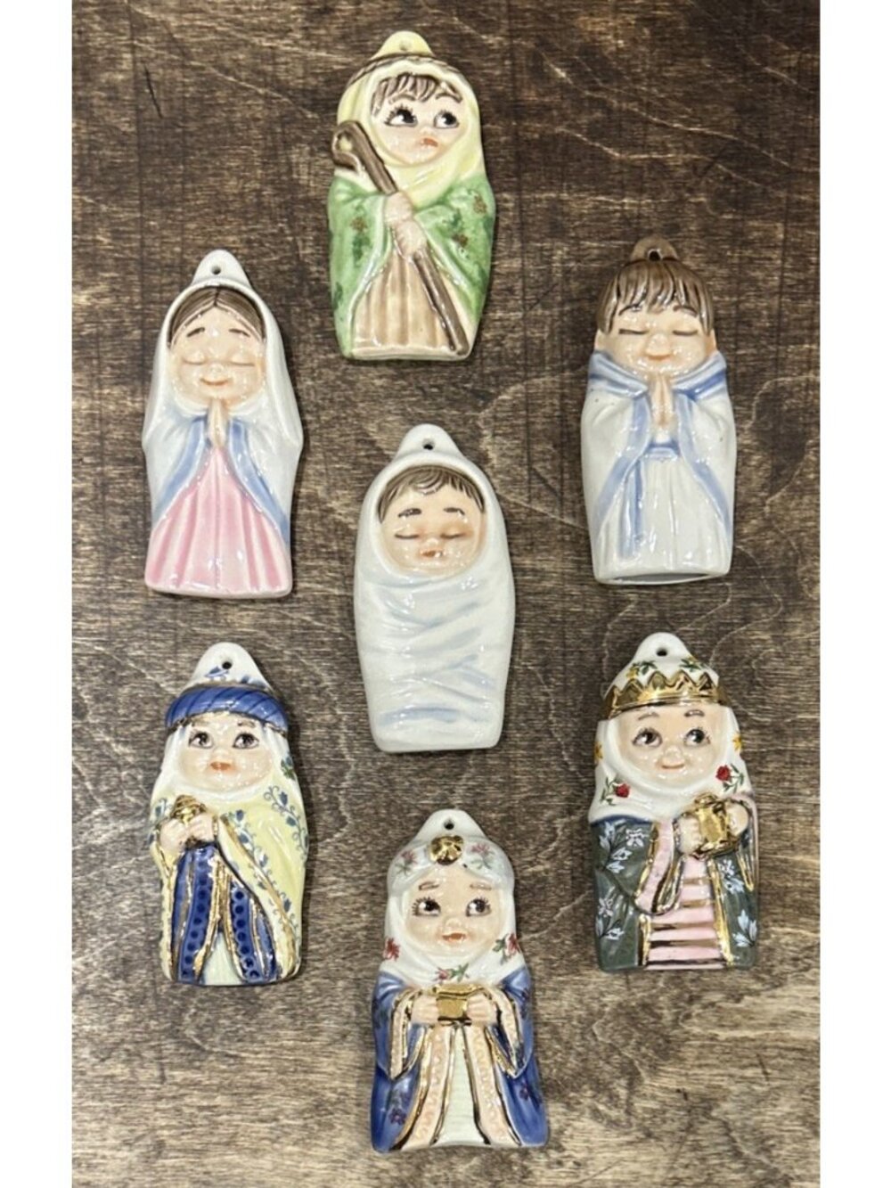 Vintage Nativity Scene Christmas Ornaments Set Of 7 Hand Painted Ceramic Rare